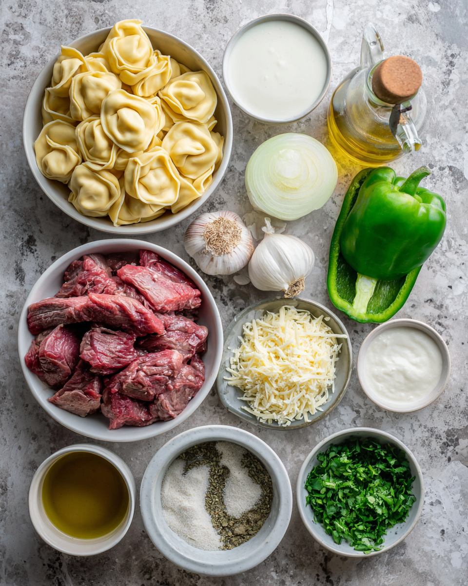 Ingredients for Indulge in the Ultimate Creamy Cheesesteak Tortellini with Provolone Sauce