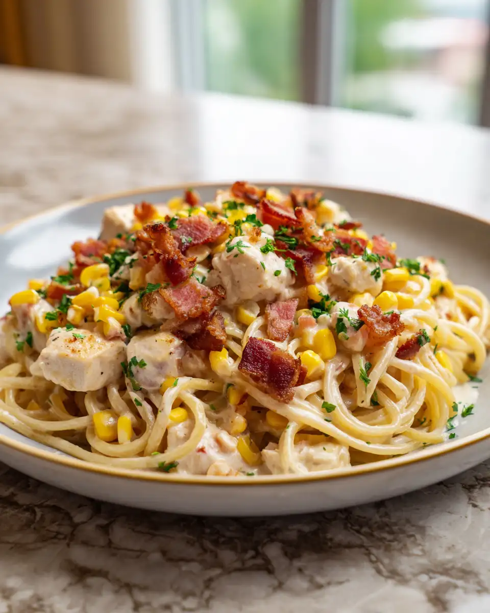 Indulge in Comfort: Creamy Chicken and Corn Pasta with Crispy Bacon - Featured Image