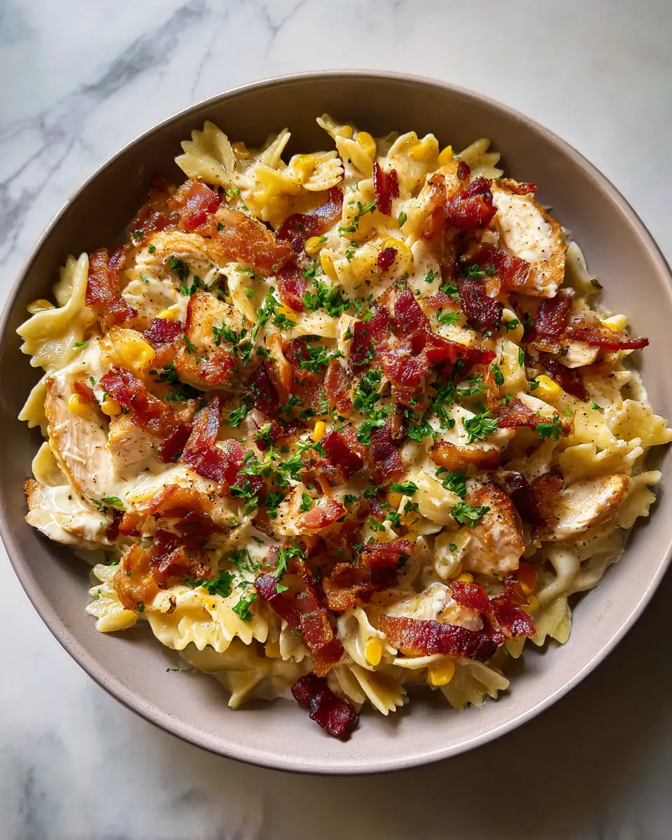 Final dish - Indulge in Comfort: Creamy Chicken and Corn Pasta with Crispy Bacon