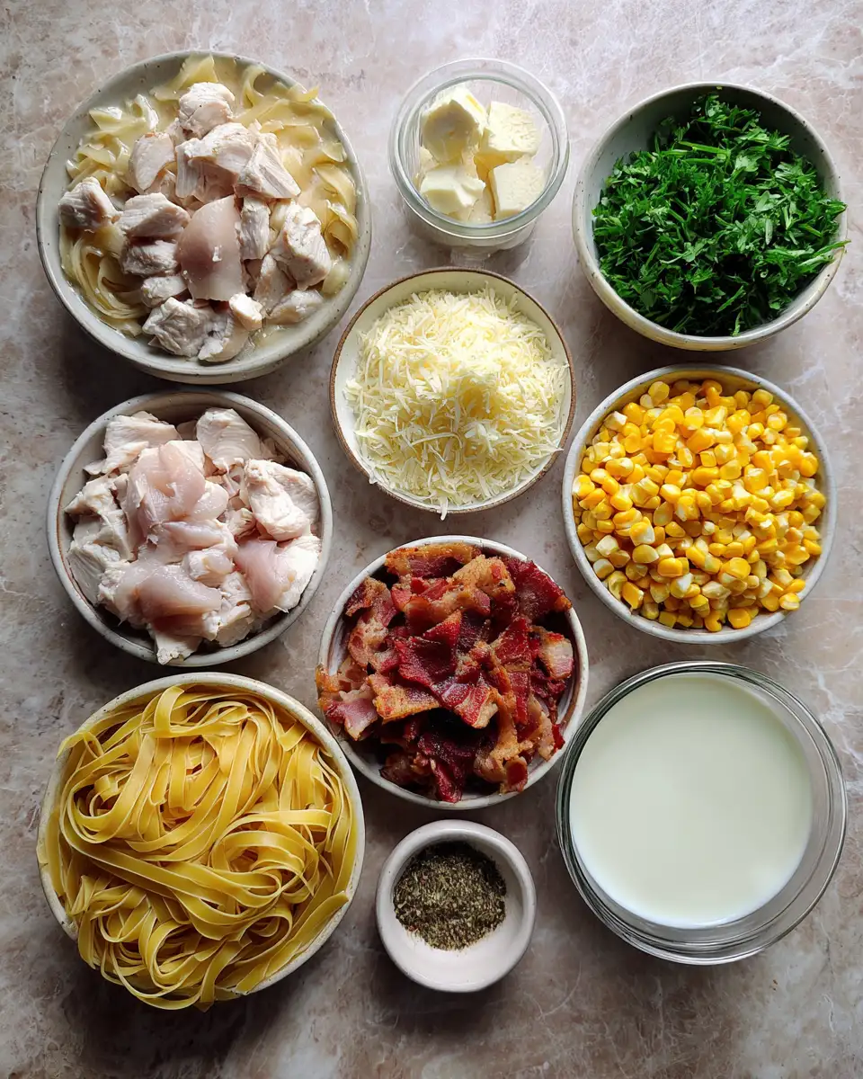Ingredients for Indulge in Comfort: Creamy Chicken and Corn Pasta with Crispy Bacon