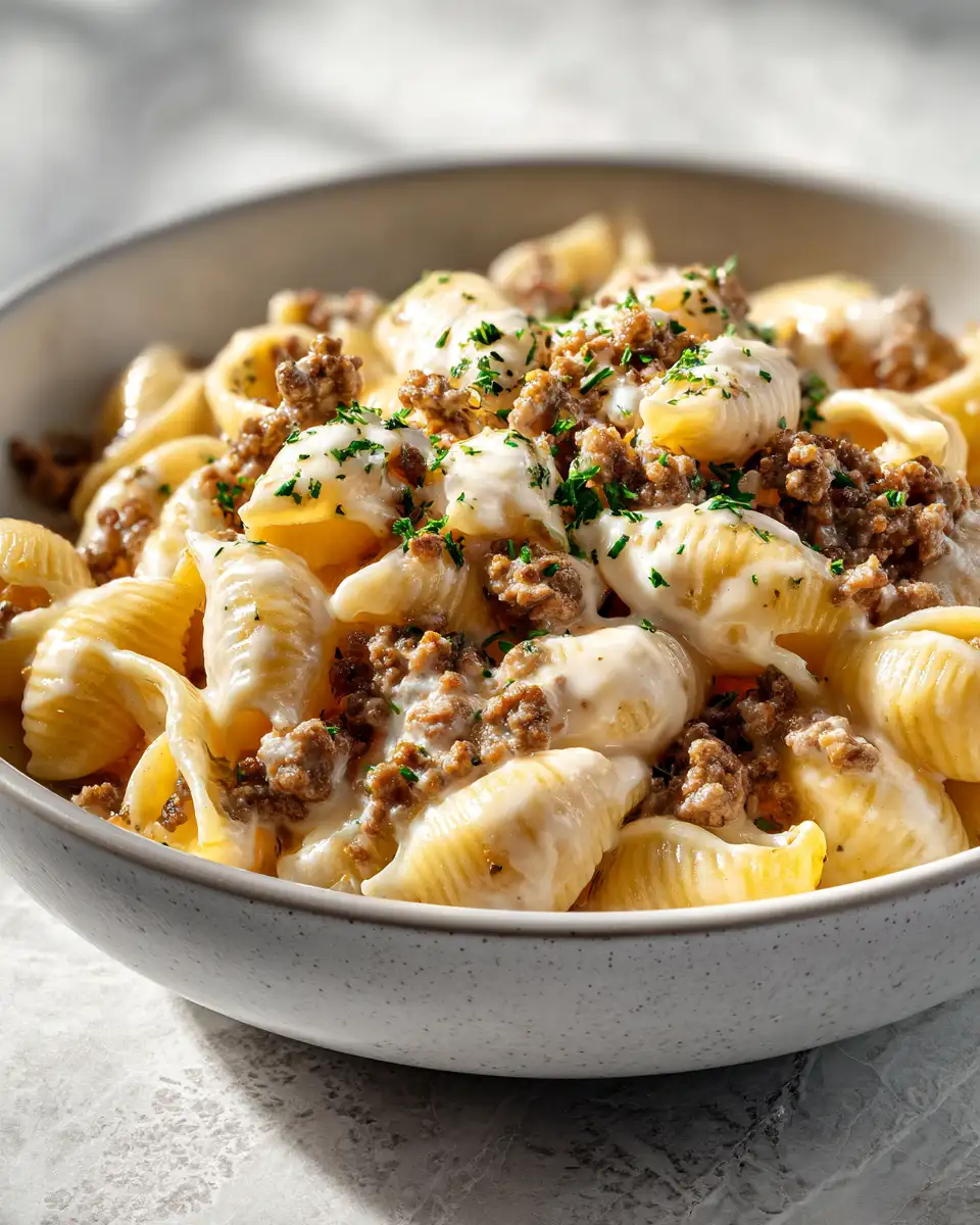 Savor the Flavor: Creamy Garlic Shells with Ground Beef Delight - Featured Image