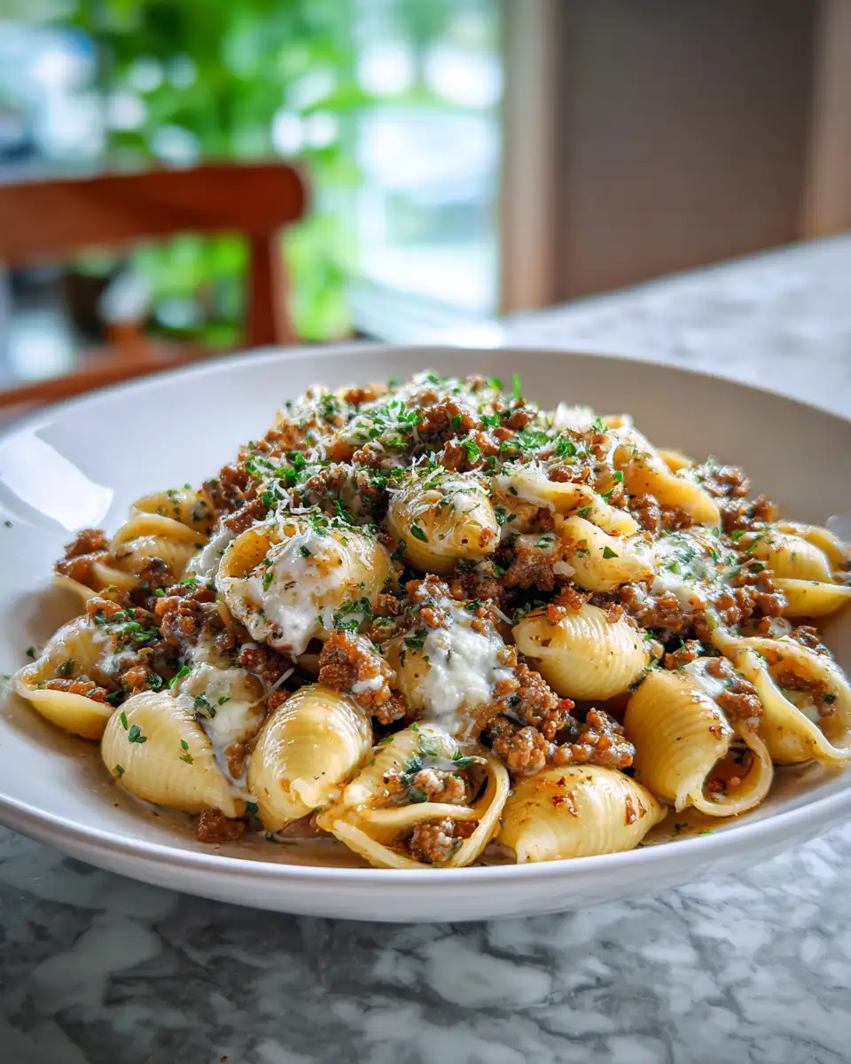 Savor the Flavor: Creamy Garlic Shells with Ground Beef Delight 6 Final dish - Savor the Flavor: Creamy Garlic Shells with Ground Beef Delight