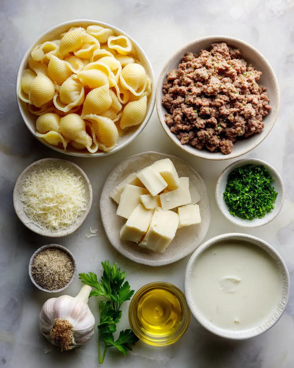 Savor the Flavor: Creamy Garlic Shells with Ground Beef Delight 4 Ingredients for Savor the Flavor: Creamy Garlic Shells with Ground Beef Delight