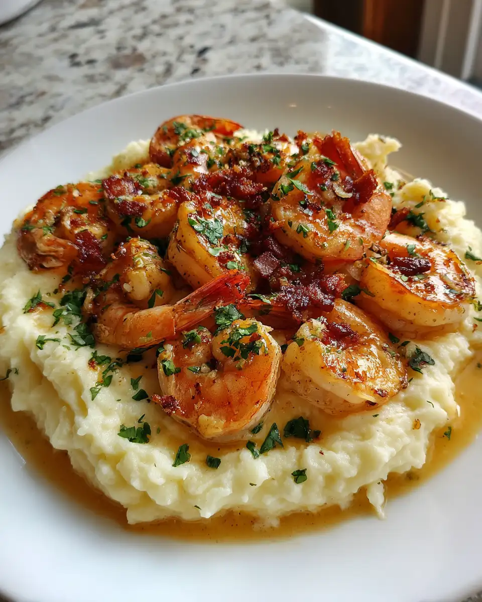 Final dish - Decadent Creamy Garlic Shrimp Dancing Over Luscious Mashed Potatoes