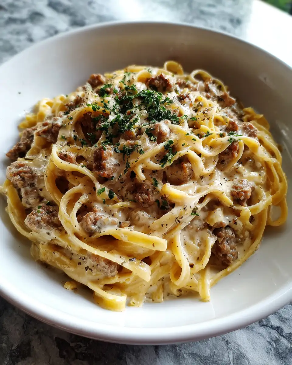 Final dish - Indulge in the Ultimate Comfort: Creamy Loaded Cheeseburger Alfredo Pasta