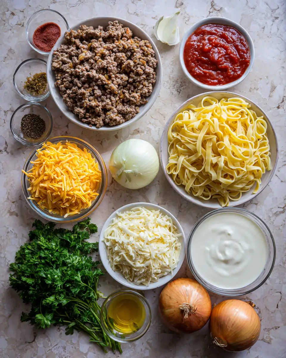 Ingredients for Indulge in the Ultimate Comfort: Creamy Loaded Cheeseburger Alfredo Pasta
