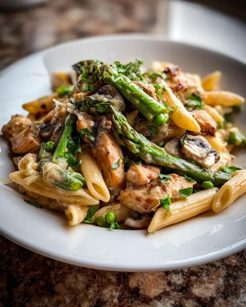 Final dish - Indulge in the Ultimate Comfort: Creamy Mushroom Asparagus Chicken Penne Delight