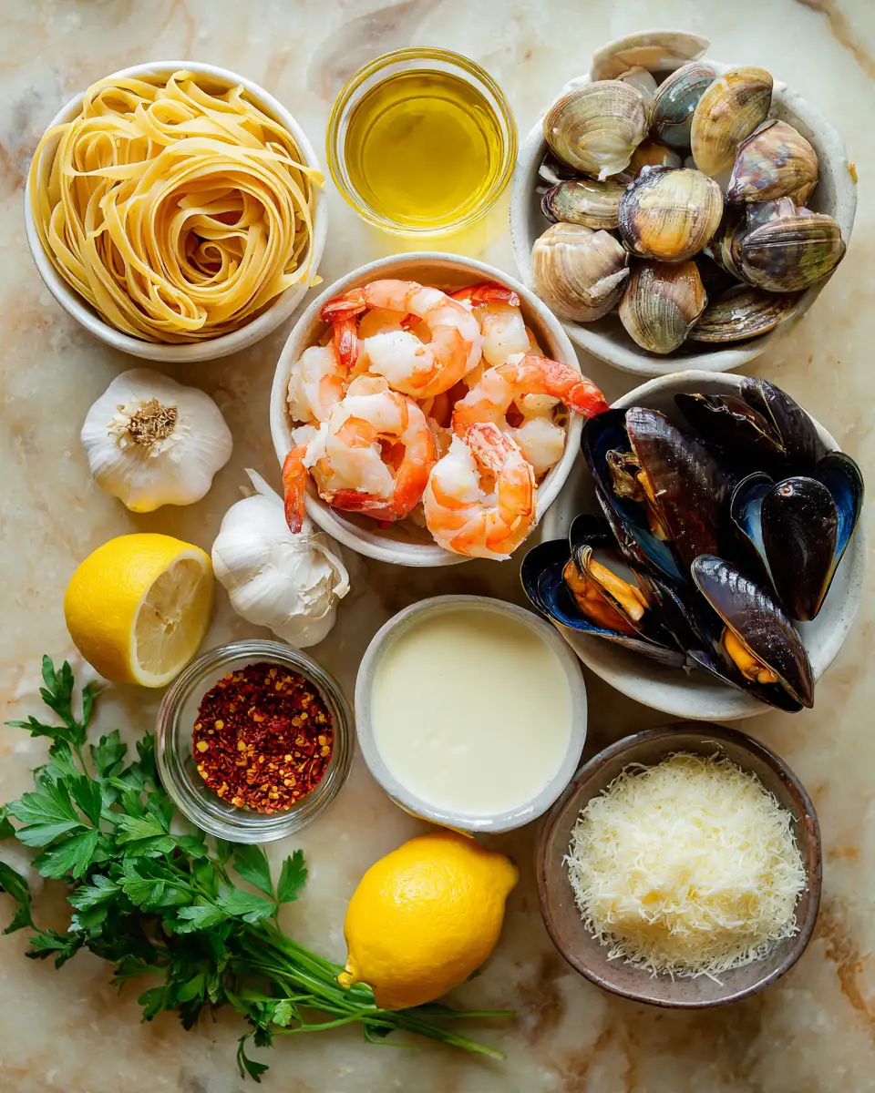 Ingredients for Dive into Decadence with Creamy Seafood Pasta Delight