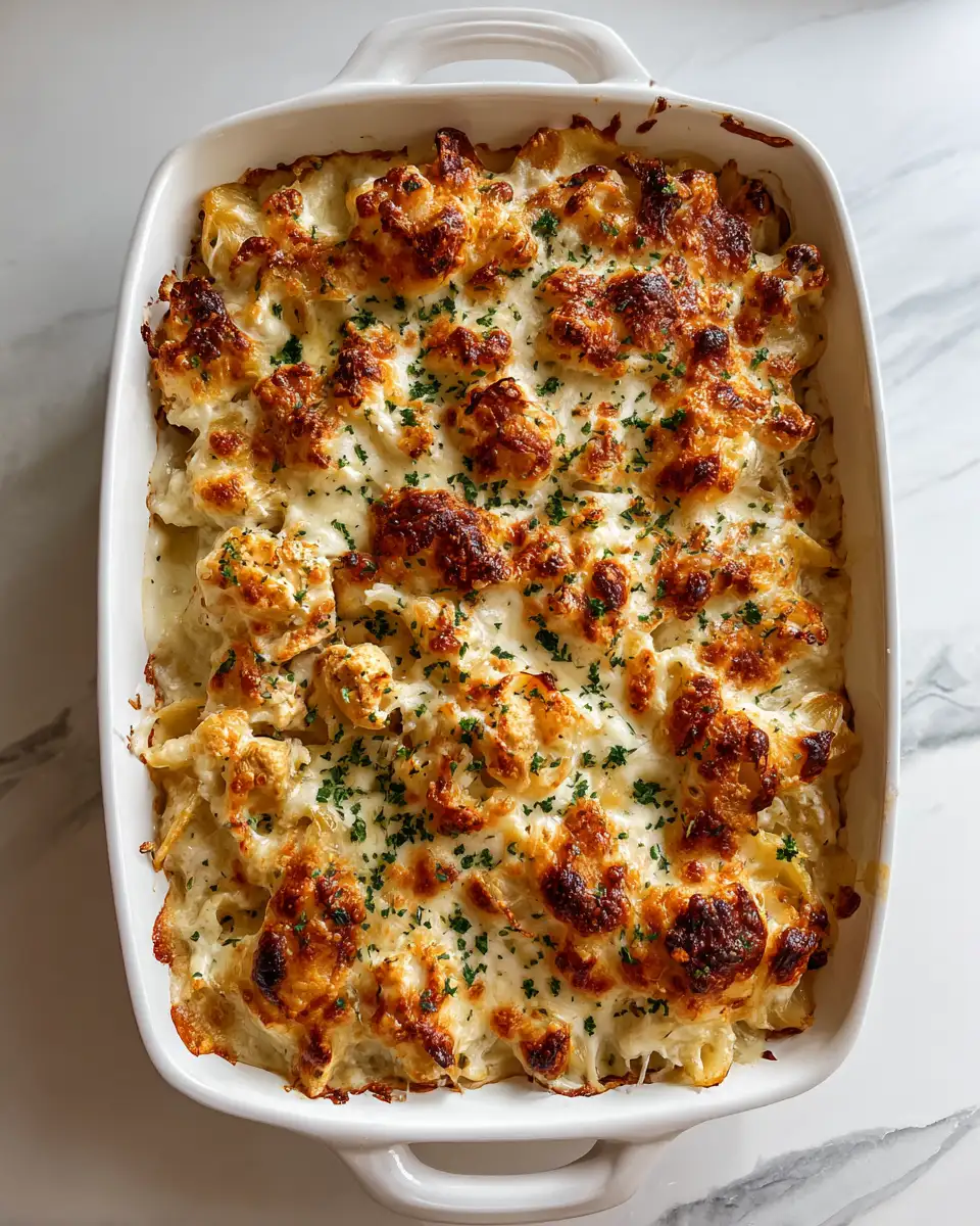 Final dish - Ultimate Comfort: Crispy Chicken Alfredo Bake Delight