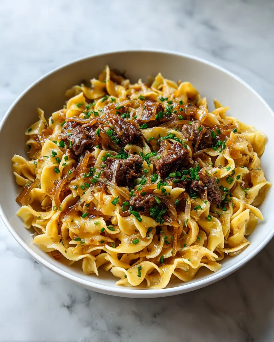 Final dish - Savor the Comfort: French Onion Beef and Noodles Delight