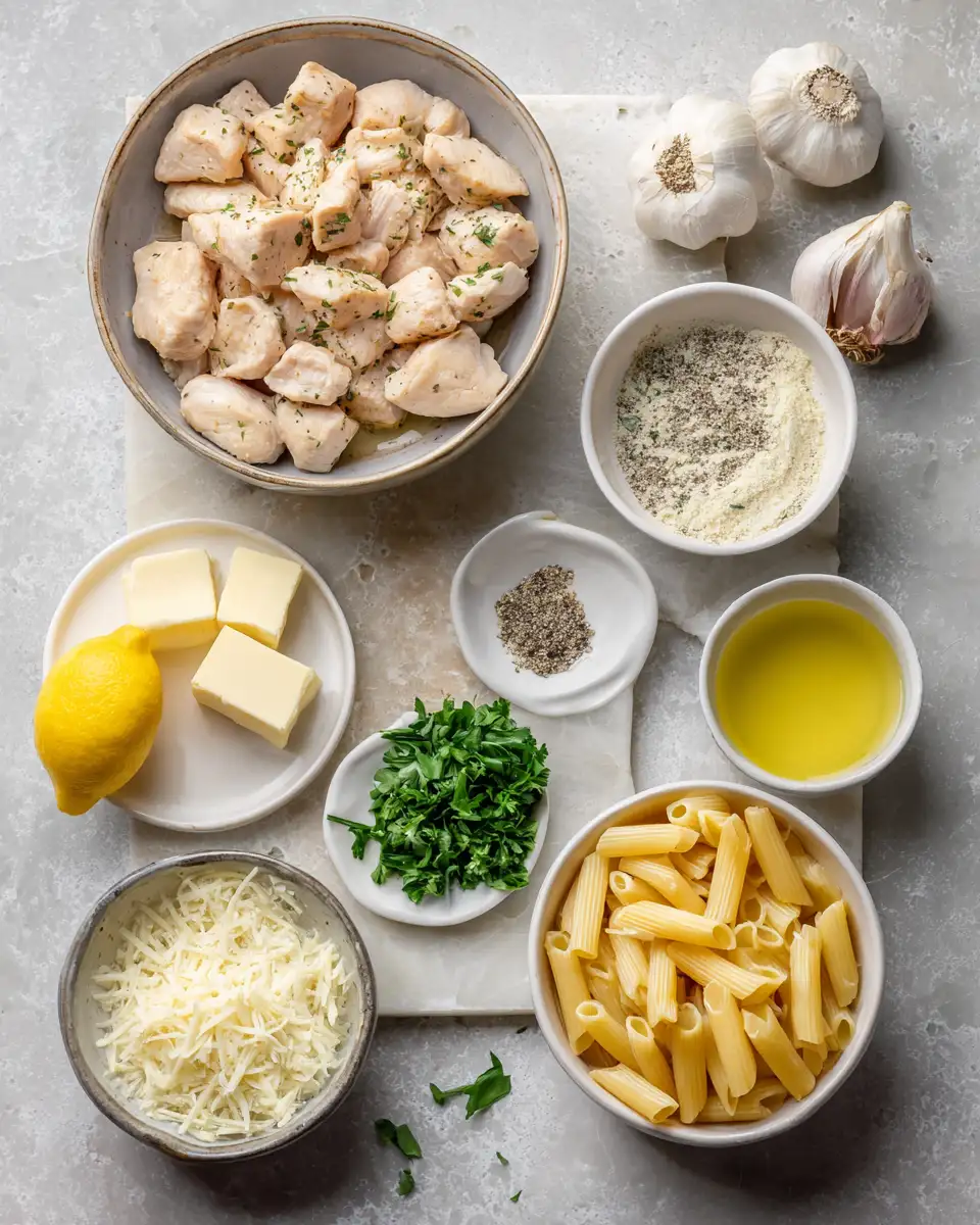 Ingredients for Savor the Flavor: Garlic Butter Chicken Bites with Creamy Pasta Delight