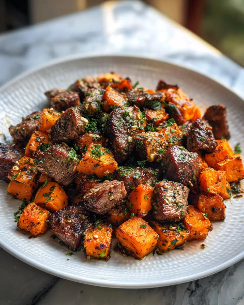 Final dish - Sizzling Garlic Butter Steak Bites and Sweet Potato Bliss