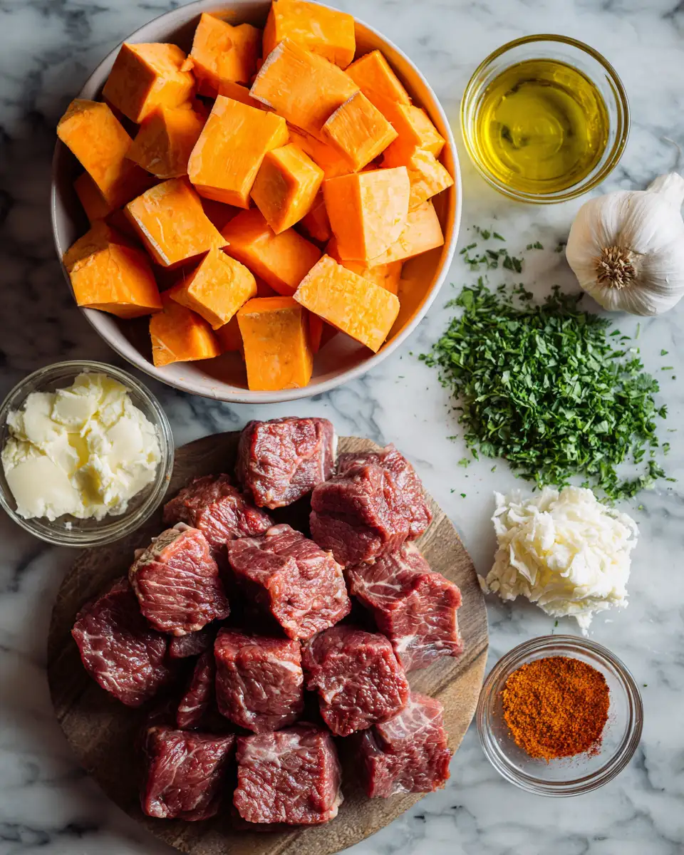 Ingredients for Sizzling Garlic Butter Steak Bites and Sweet Potato Bliss