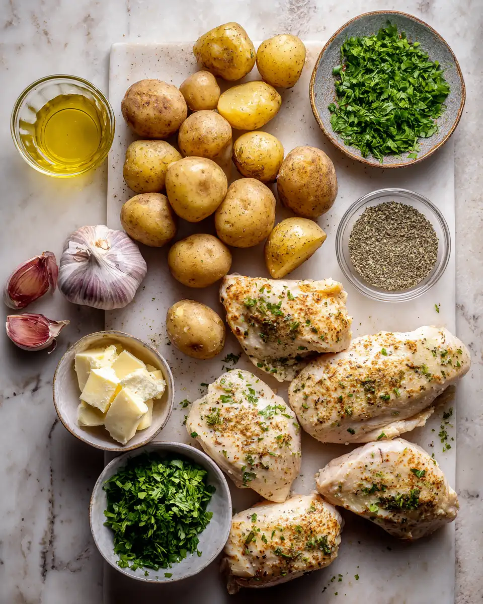 Savor the Flavor: Garlic Parmesan Chicken and Potatoes Delight 4 Ingredients for Savor the Flavor: Garlic Parmesan Chicken and Potatoes Delight