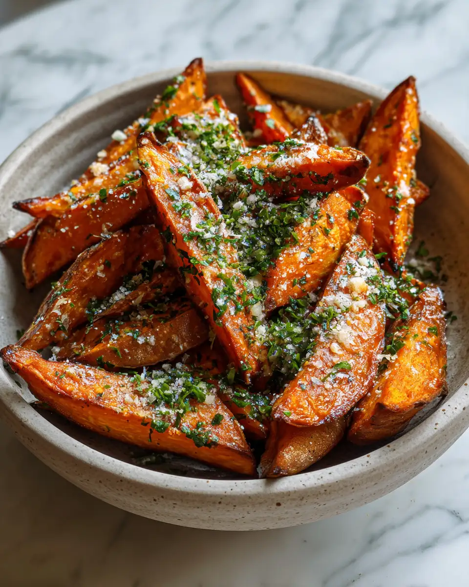 Final dish - Irresistibly Crispy Garlic Parmesan Sweet Potato Wedges You Need to Try