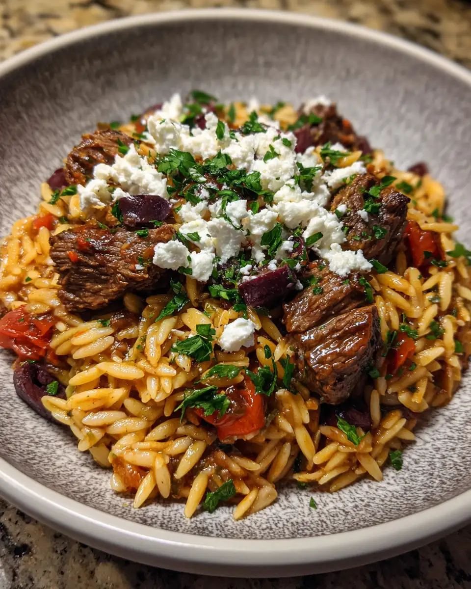Final dish - Savor the Flavors of Greece with a Hearty Beef Orzo Pasta Delight