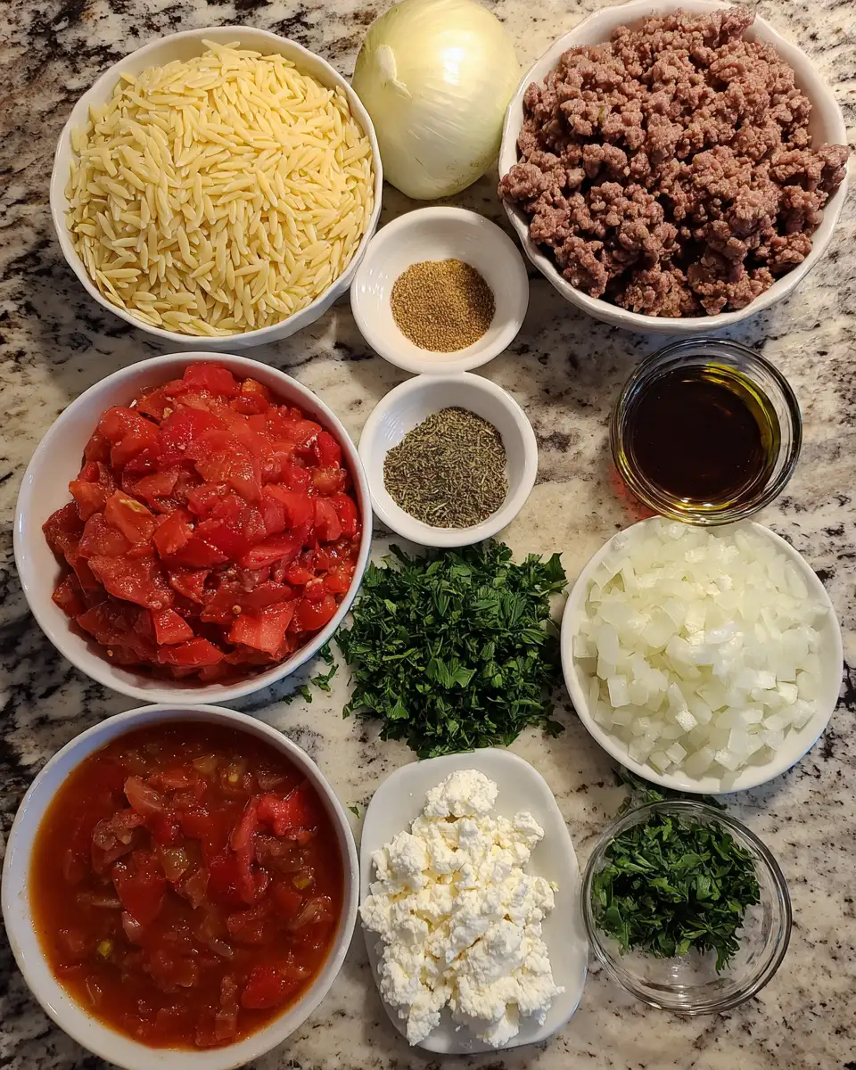 Ingredients for Savor the Flavors of Greece with a Hearty Beef Orzo Pasta Delight