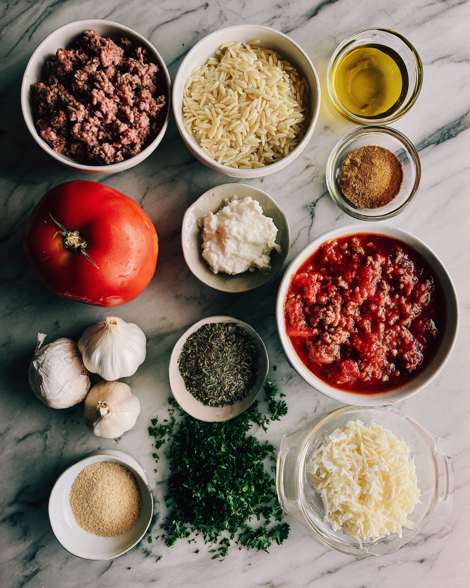 One-Pan Wonder: Delicious Ground Beef Orzo Delight 4 Ingredients for One-Pan Wonder: Delicious Ground Beef Orzo Delight
