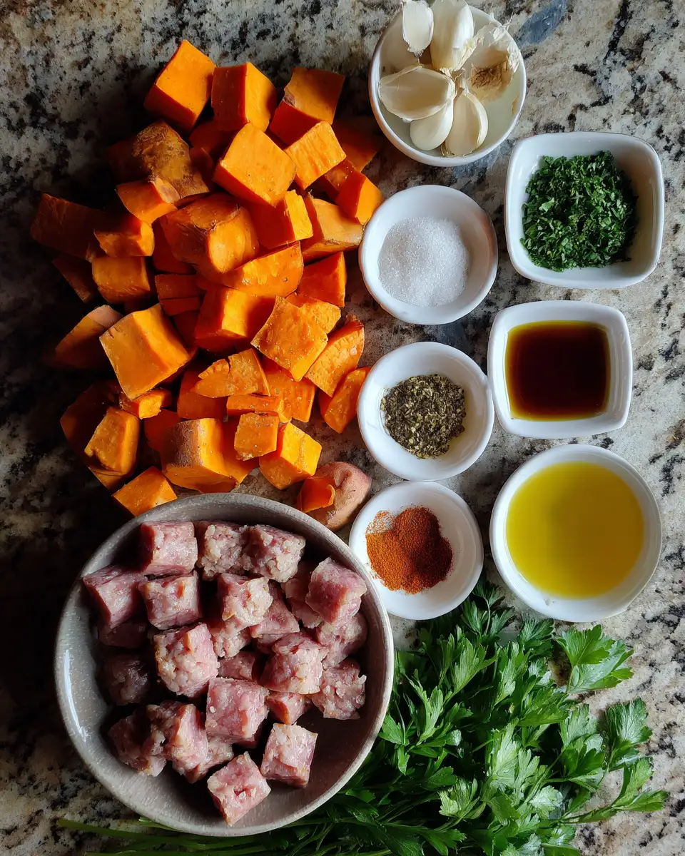 Ingredients for Sweet & Savory Delight: Honey Garlic Sausage with Roasted Sweet Potatoes