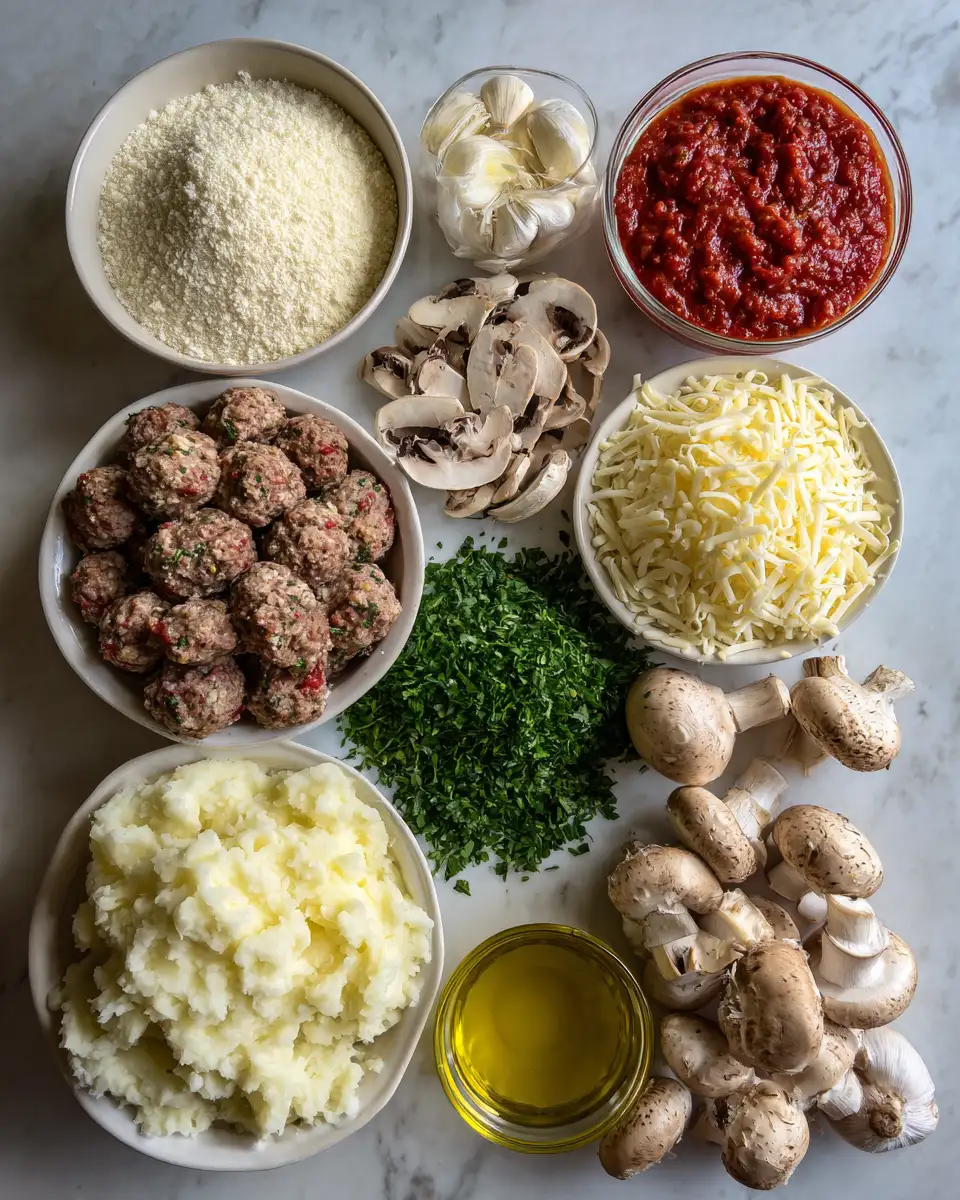 Ingredients for Ultimate Comfort: Meatball and Mashed Potato Bake Delight