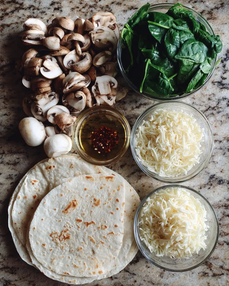 Savor the Flavor: Ultimate Mushroom & Spinach Quesadilla Delight 4 Ingredients for Savor the Flavor: Ultimate Mushroom & Spinach Quesadilla Delight