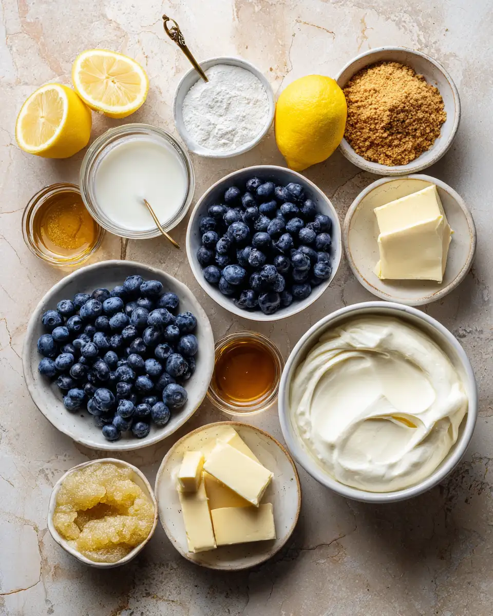 Ingredients for Zesty Indulgence: No-Bake Lemon Blueberry Cream Cake Delight