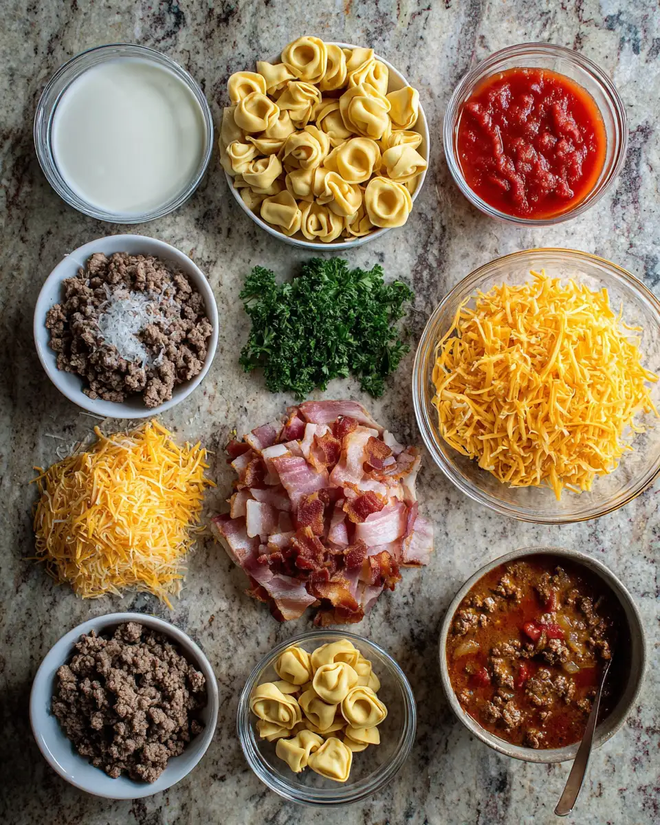 Ingredients for Sizzling One-Pot Bacon Cheeseburger Tortellini: A Comfort Food Dream
