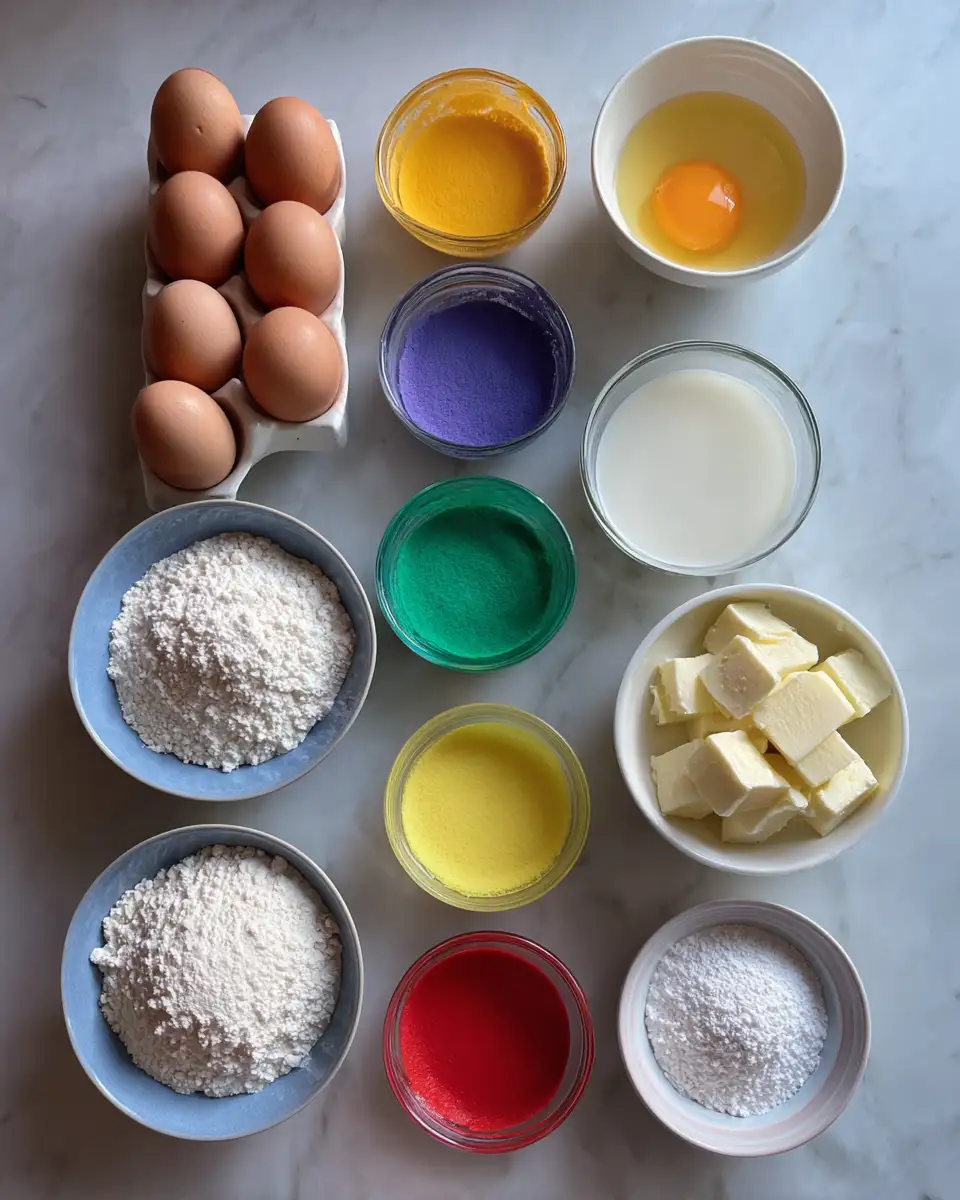 Ingredients for Taste the Spectrum with a Stunning Rainbow Crepe Cake