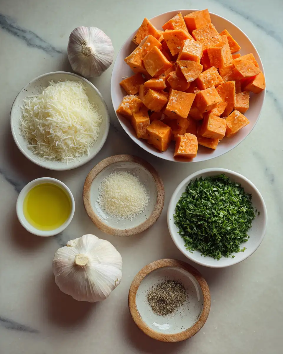 Irresistibly Crispy Roasted Sweet Potatoes with Garlic and Parmesan 4 Ingredients for Irresistibly Crispy Roasted Sweet Potatoes with Garlic and Parmesan
