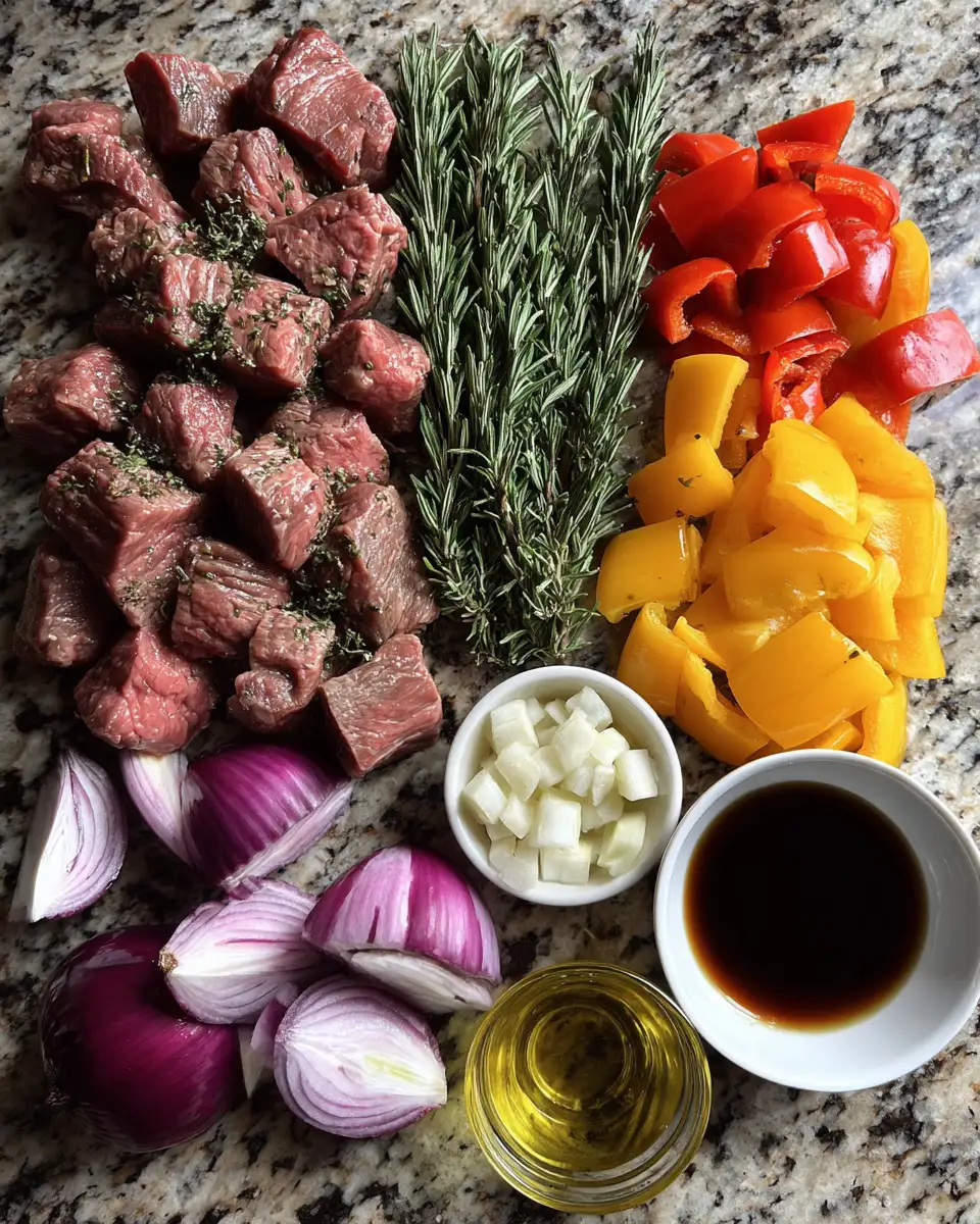 Ingredients for Sizzling Rosemary Garlic Steak Kebabs: A Flavor-Packed Grilling Delight