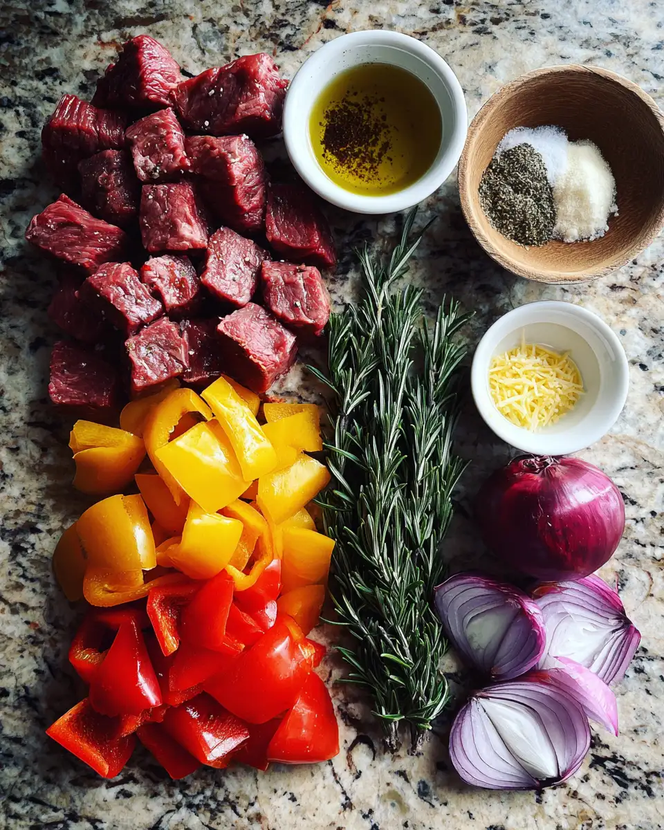 Ingredients for Sizzling Rosemary Garlic Steak Kebabs: A Flavor-Packed Grilling Delight