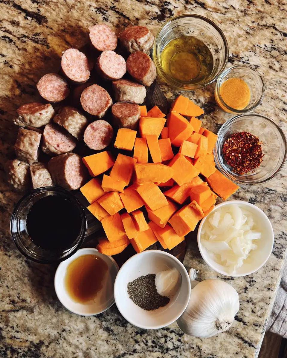 Ingredients for Savor the Flavor: Sausage and Sweet Potatoes Drizzled with Honey Garlic Sauce