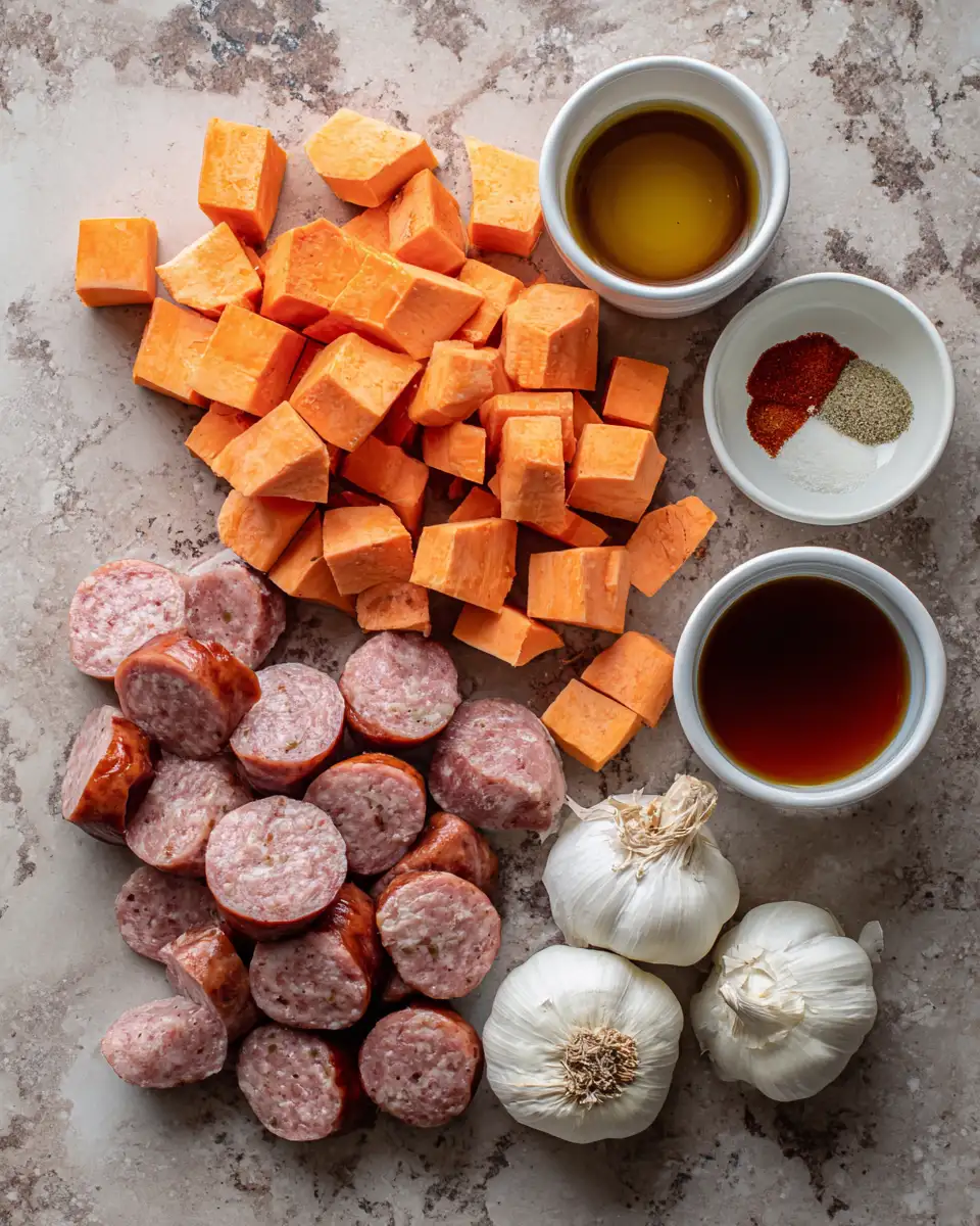 Ingredients for Savor the Perfect Harmony of Sausage and Sweet Potatoes with Honey Garlic Sauce