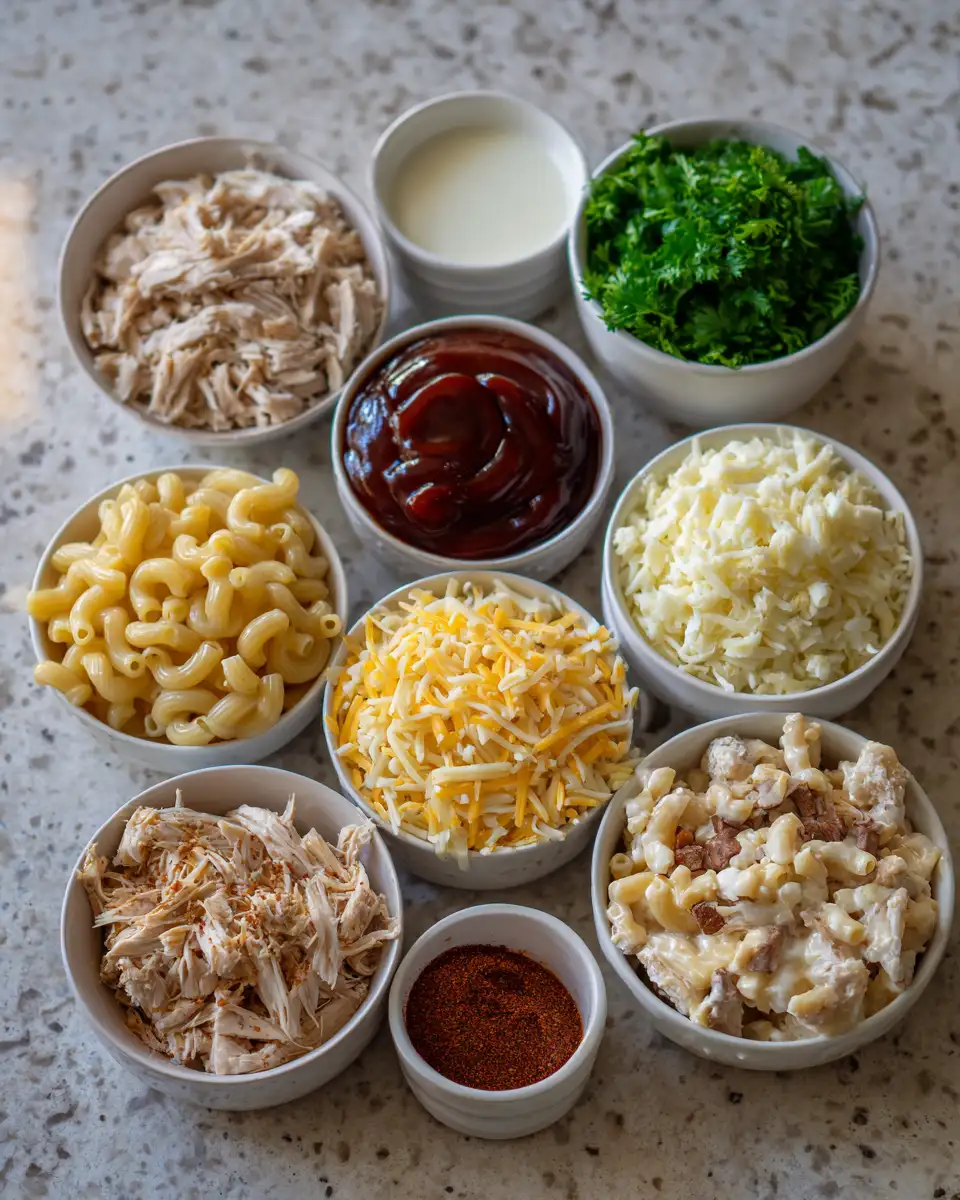 Ingredients for Ultimate Comfort Food: Shredded BBQ Chicken Mac and Cheese Magic