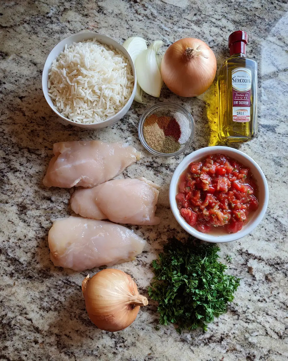 Ingredients for Hearty Comfort on a Plate: Smothered Chicken and Rice Delight