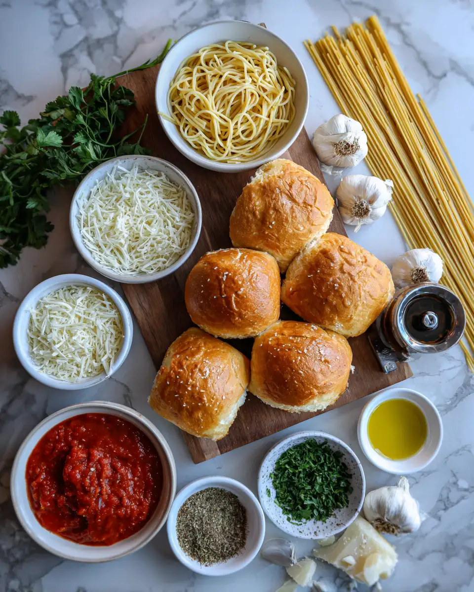 Ingredients for Twirl and Tear: Irresistible Spaghetti Garlic Bread Bowls