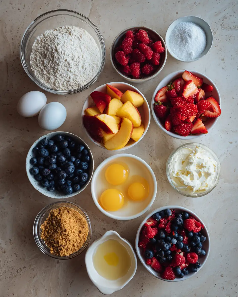Ingredients for Sweet Summer Bliss: Berry and Peach Cheesecake Delight