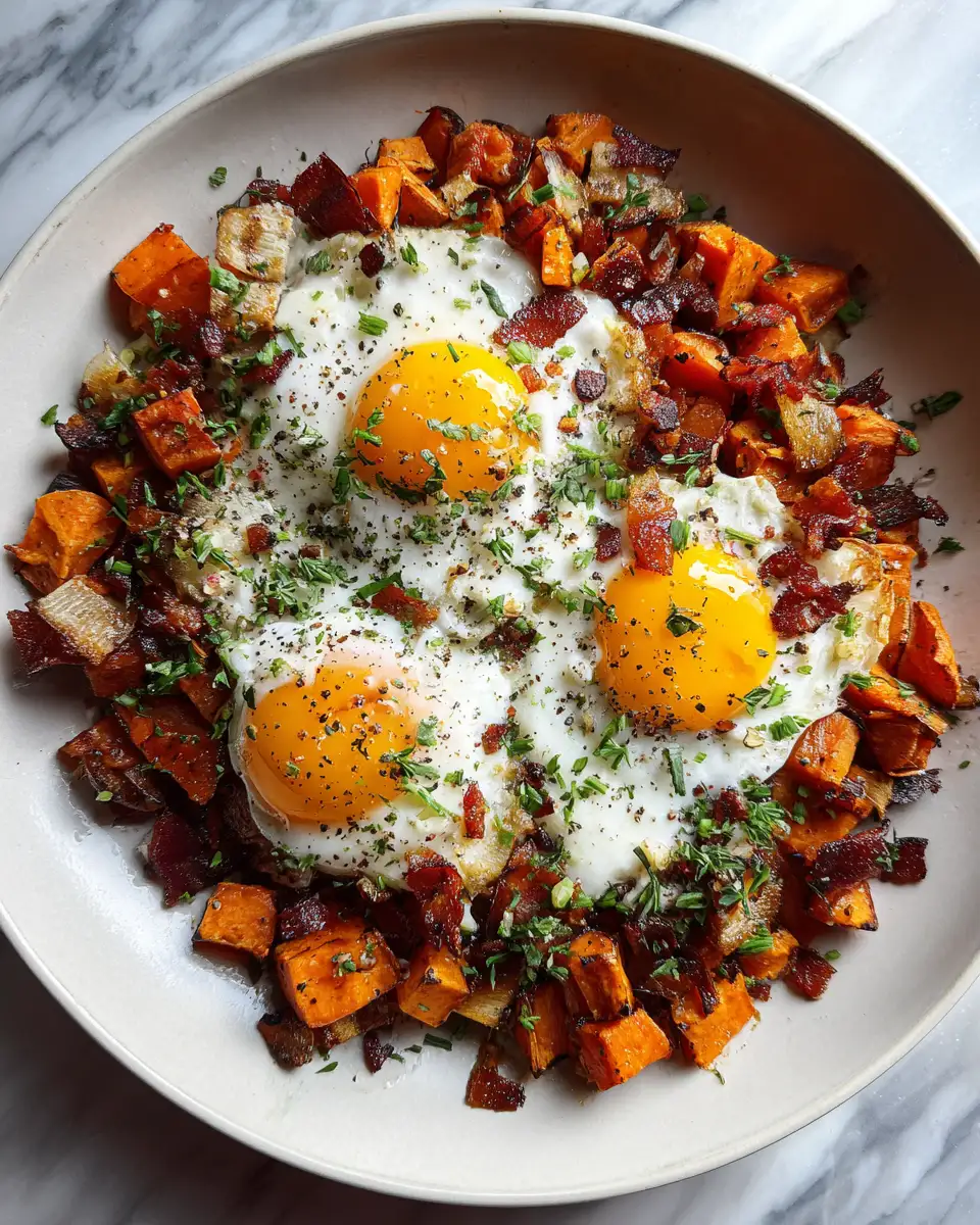 Savory Morning Delight: Sweet Potato Bacon Hash with Eggs 6 Final dish - Savory Morning Delight: Sweet Potato Bacon Hash with Eggs