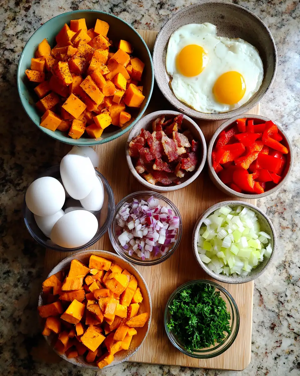 Savory Morning Delight: Sweet Potato Bacon Hash with Eggs 4 Ingredients for Savory Morning Delight: Sweet Potato Bacon Hash with Eggs