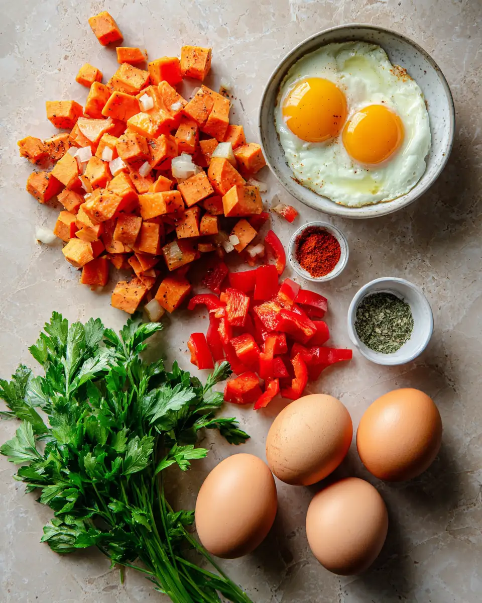 Rise and Shine with Sweet Potato Breakfast Hash and Eggs 4 Ingredients for Rise and Shine with Sweet Potato Breakfast Hash and Eggs
