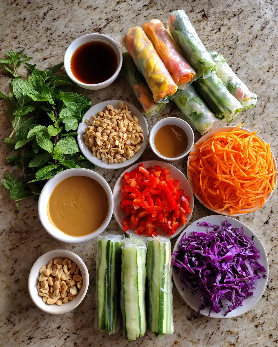 Crunchy Vegetable Spring Rolls with Irresistible Peanut Sauce Delight 4 Ingredients for Crunchy Vegetable Spring Rolls with Irresistible Peanut Sauce Delight
