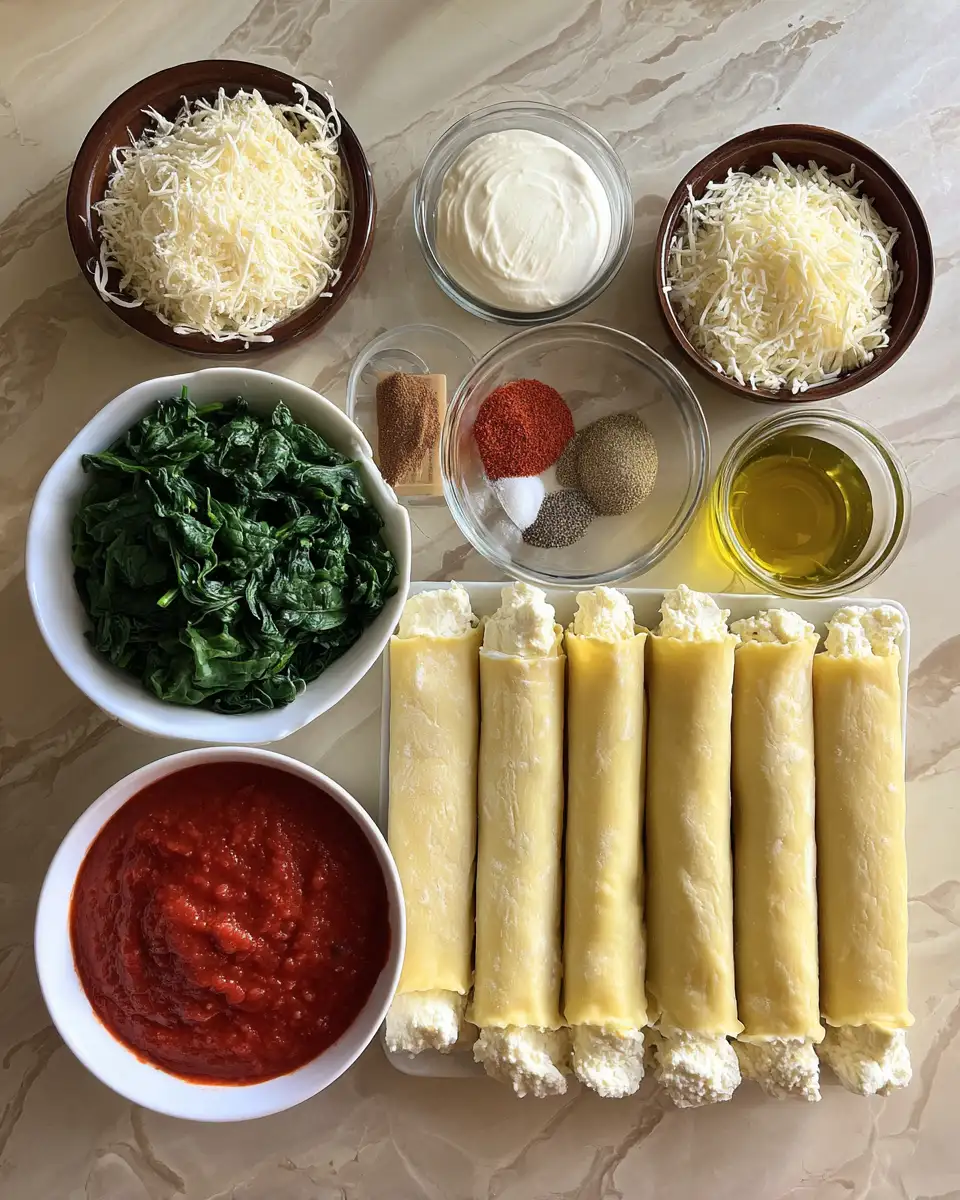 Ingredients for Irresistibly Cheesy Baked Ricotta Spinach Cannelloni Delight