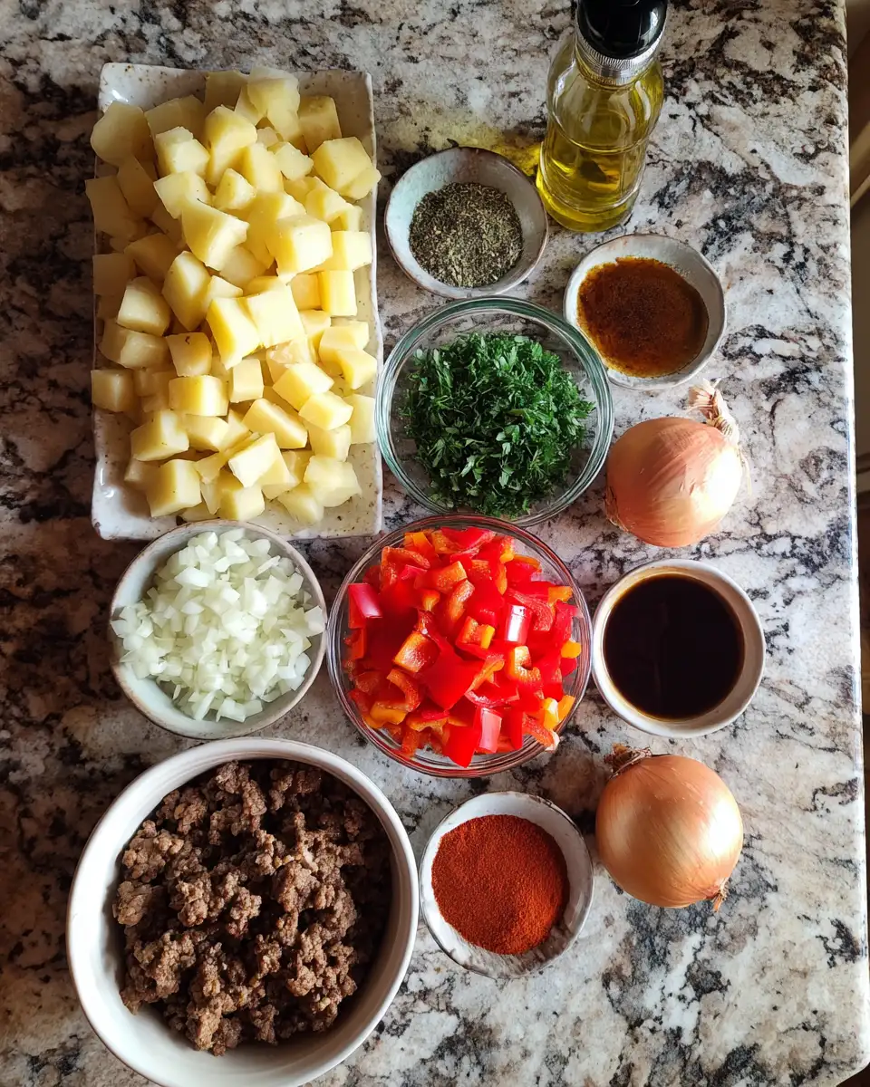 Sizzling Beef and Potatoes Skillet: A One-Pan Wonder 4 Ingredients for Sizzling Beef and Potatoes Skillet: A One-Pan Wonder
