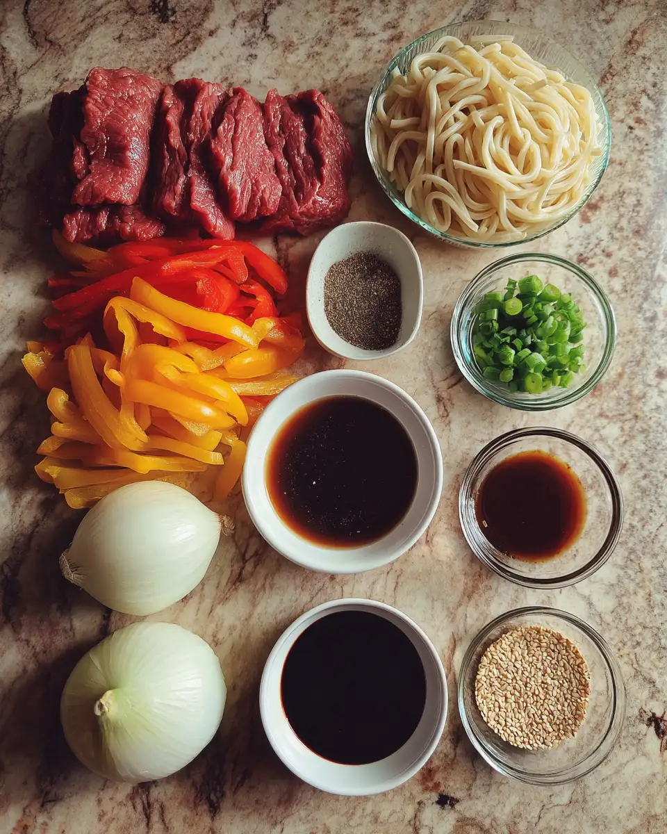 Savory Sensation: Black Pepper Beef Udon Noodles Delight 4 Ingredients for Savory Sensation: Black Pepper Beef Udon Noodles Delight