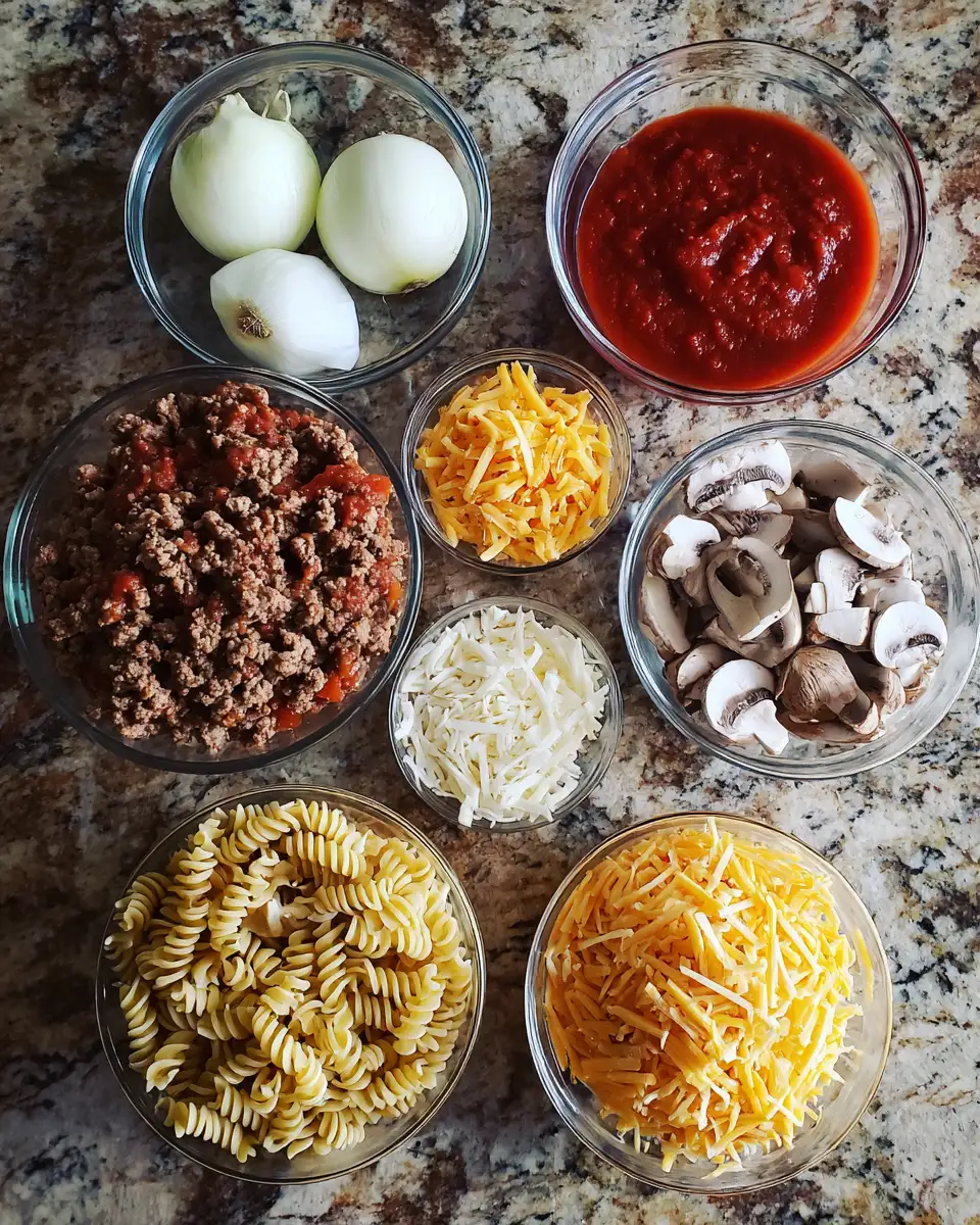 Ingredients for Ultimate Cheesy Beef Casserole Dinner Delight