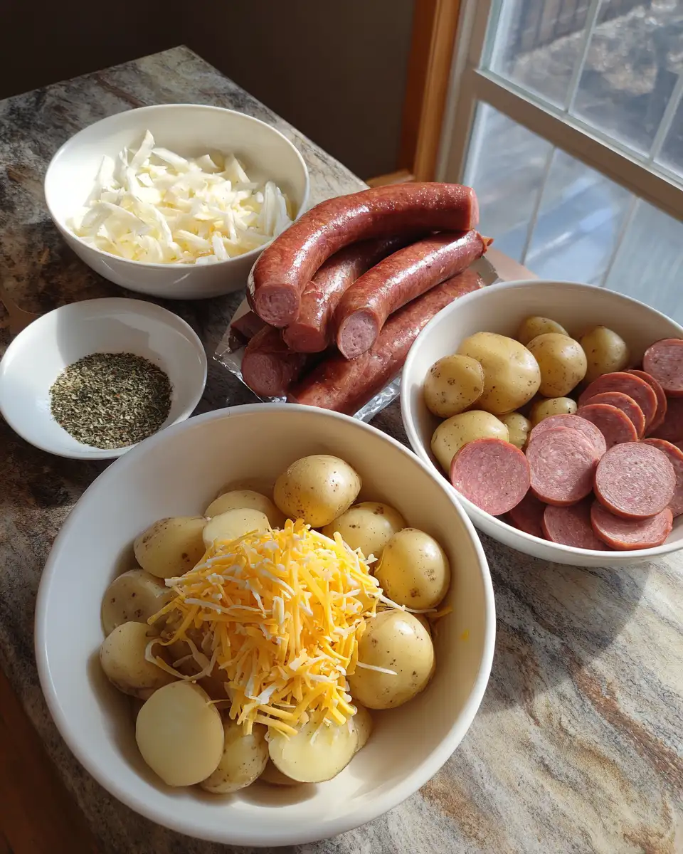 Ingredients for Irresistible Cheesy Ranch Potatoes and Smoked Sausage Delight