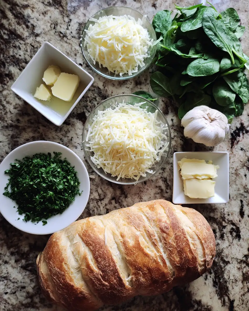 Ingredients for Irresistibly Gooey Cheesy Spinach Garlic Pull Apart Bread Delight