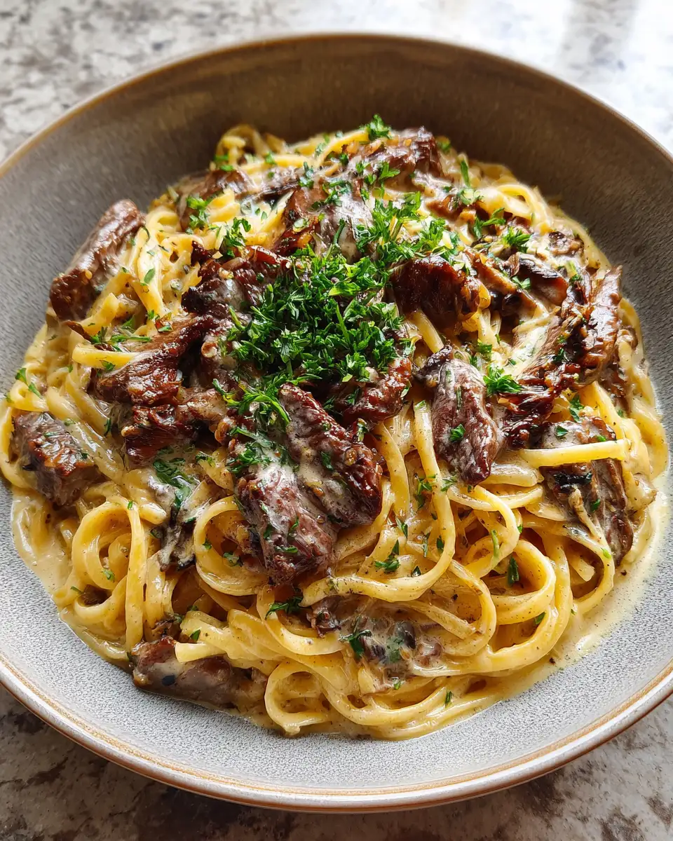 Final dish - Indulge in the Ultimate Comfort: Creamy Garlic Beef Pasta Delight