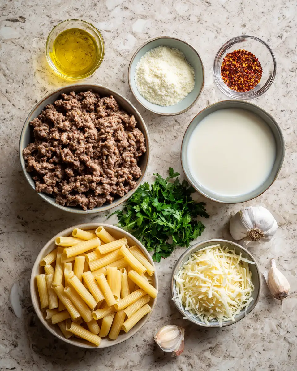 Ingredients for Indulge in the Ultimate Comfort: Creamy Garlic Beef Pasta Delight