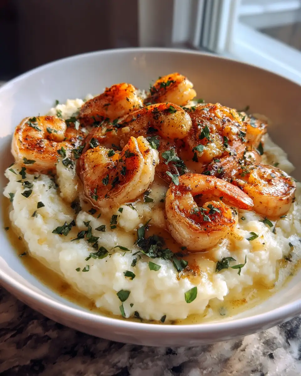 Decadent Creamy Garlic Shrimp Over Heavenly Mashed Potatoes - Featured Image